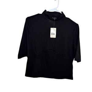 Guess T-Shirt Women's Large Black Cropped Short Sleeve Solid Mixed Media NWT